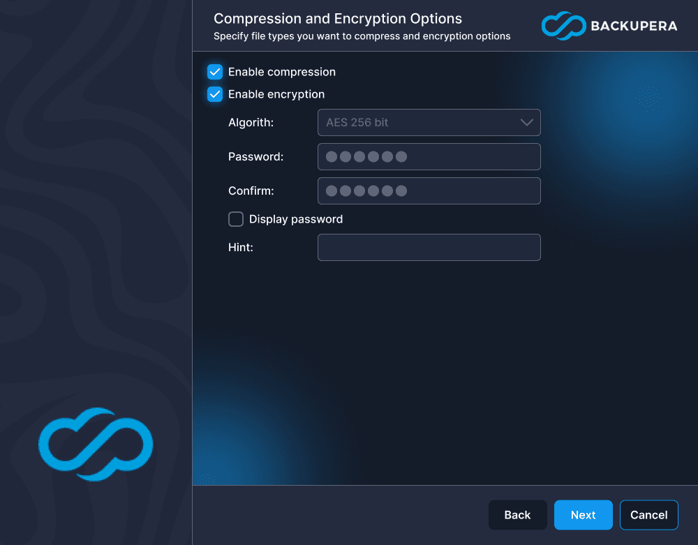 Encryption settings screen