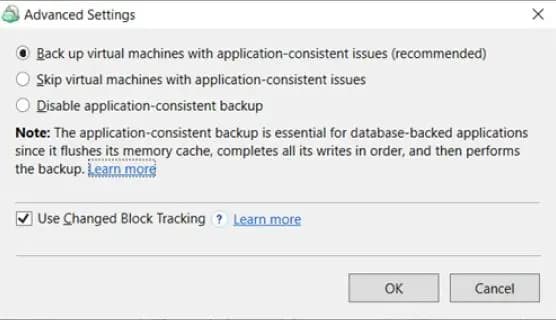 Application-consistent backup screenshot